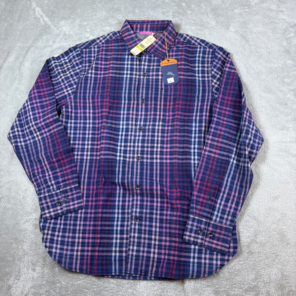 Tommy Bahama Shirt Mens M Rum Island Plaid Button Down Rum Berry Long Sleeve